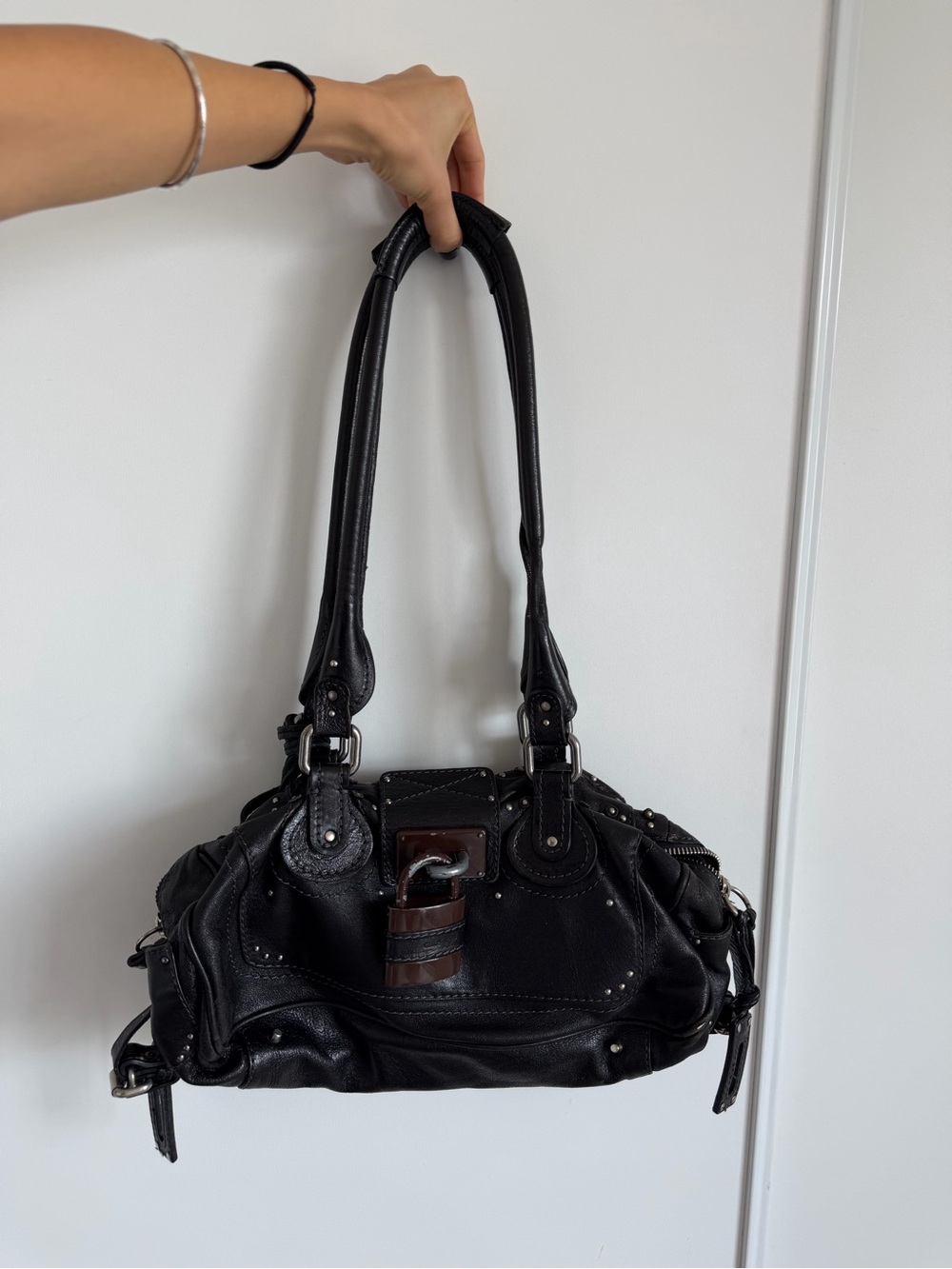 Chloe Paddington Black Leather Studded Shoulder Bag